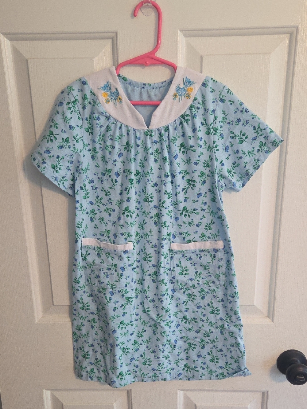 Light Blue Floral Kids Dress with Embroidered Collar Sz 6